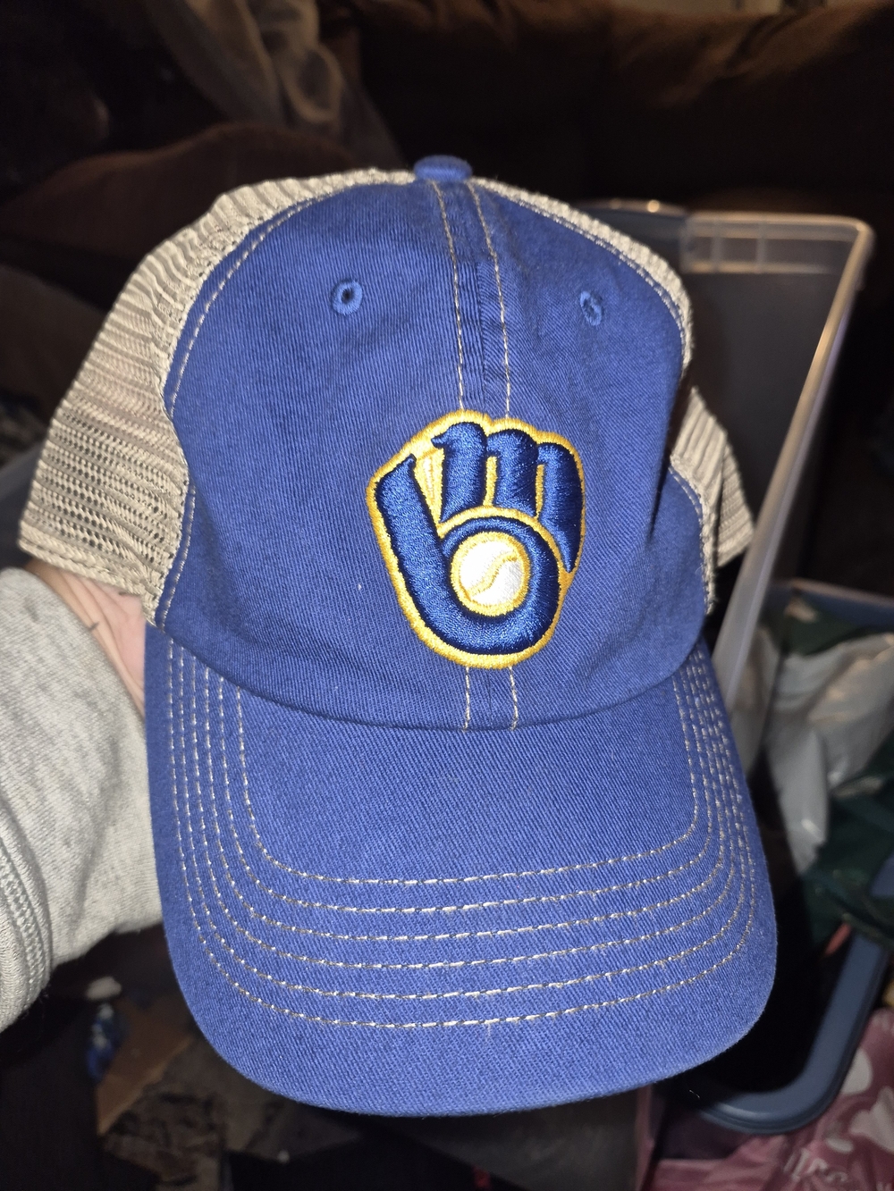 47 Brand Blue Trucker Hat with Yellow Embroidered Glove Logo